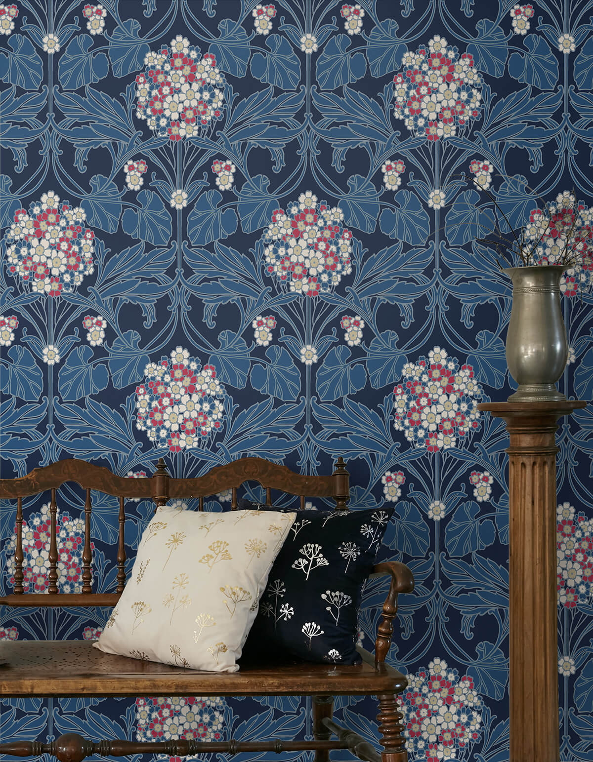Seabrook Legacy Prints Floral Hydrangea Wallpaper - Naval Blue & Raspberry