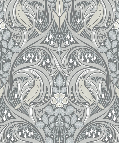 Seabrook Legacy Prints Bird Scroll Wallpaper - Argos Grey & Linen