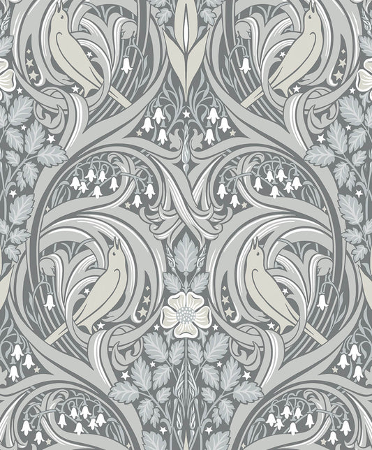 Seabrook Legacy Prints Bird Scroll Wallpaper - Argos Grey & Linen