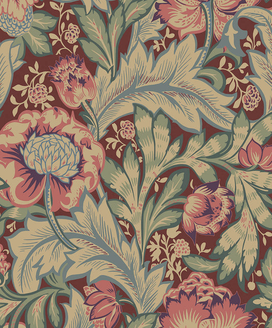 Seabrook Legacy Prints Acanthus Garden Wallpaper - Deep Mauve & Aegean Blue