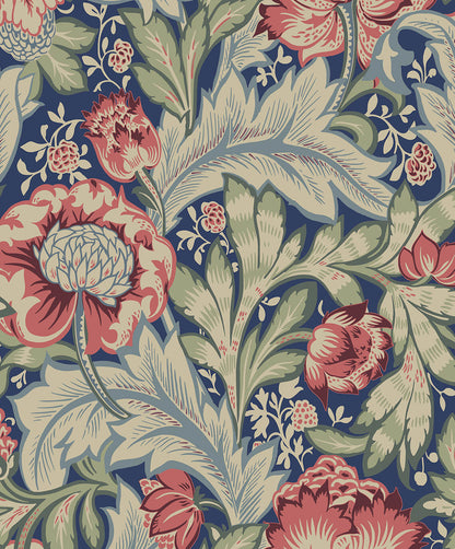 Seabrook Legacy Prints Acanthus Garden Wallpaper - Marine Blue & Watermelon