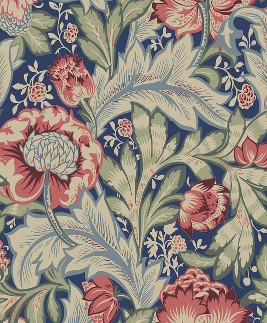 Seabrook Legacy Prints Acanthus Garden Wallpaper - Marine Blue & Watermelon