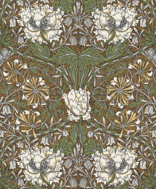 Seabrook Legacy Prints Ogee Flora Wallpaper - Dijon & Sage