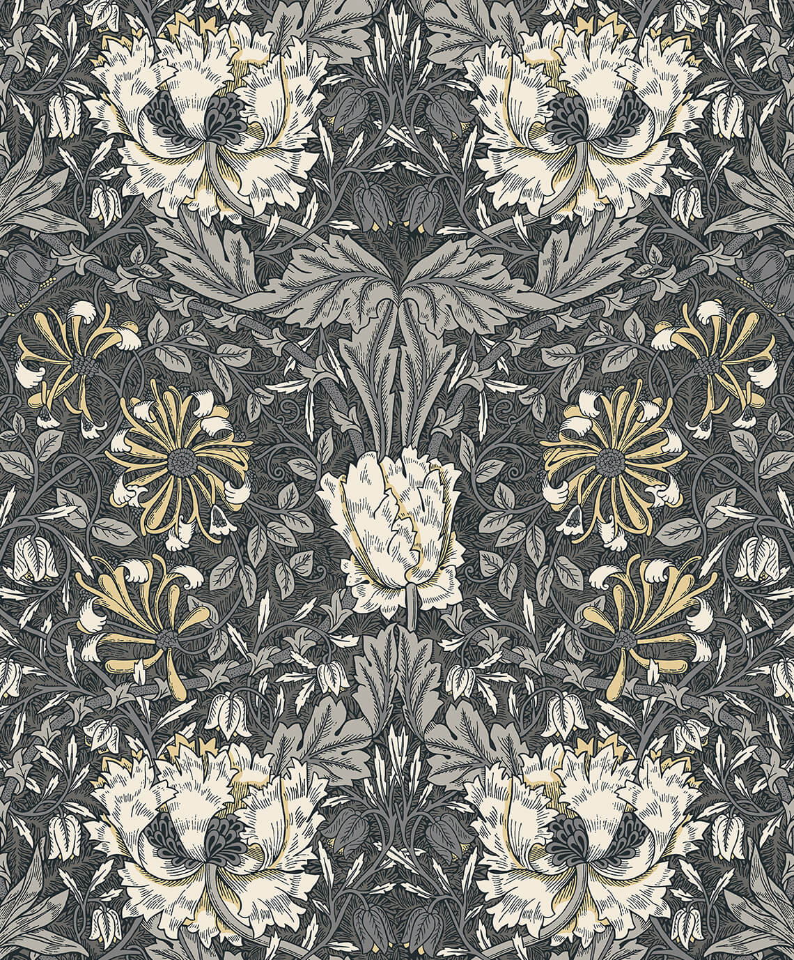 Seabrook Legacy Prints Ogee Flora Wallpaper - Charcoal & Goldenrod