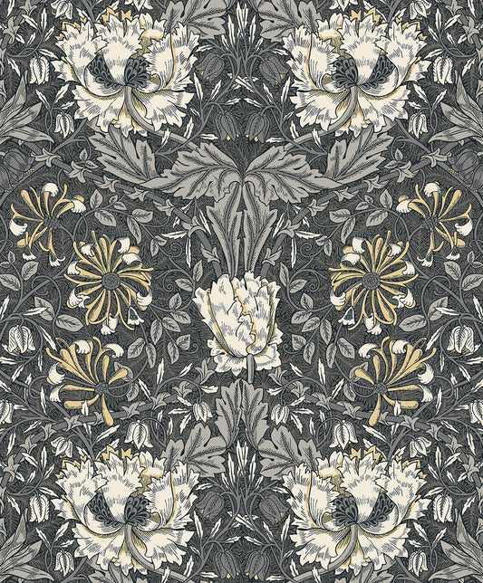 Seabrook Legacy Prints Ogee Flora Wallpaper - Charcoal & Goldenrod
