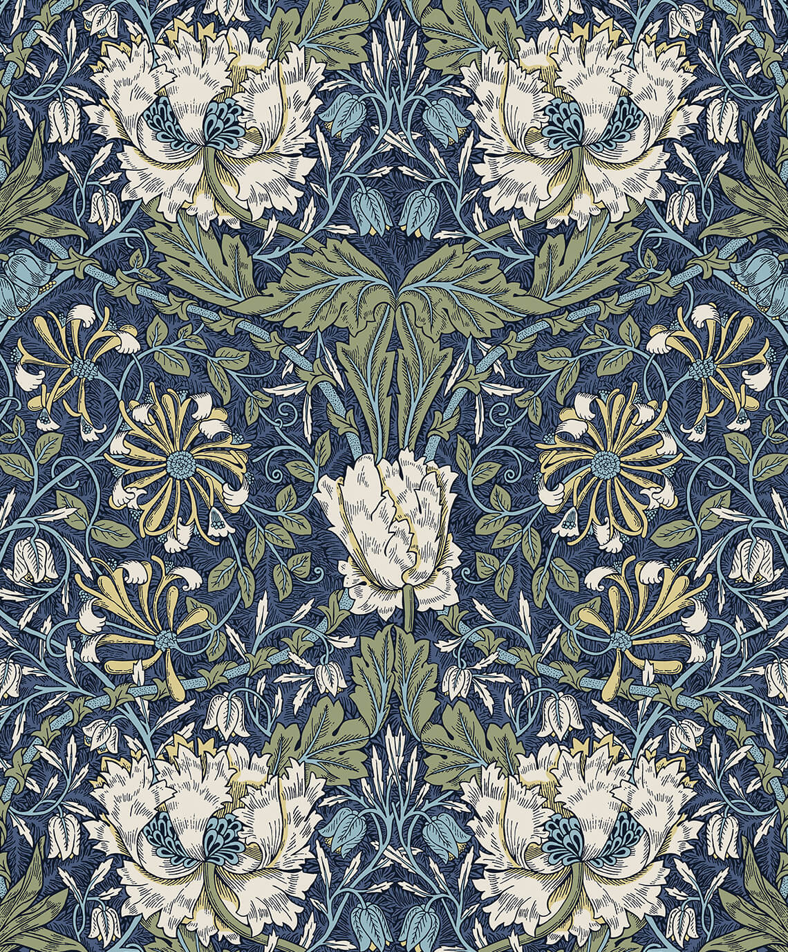 Seabrook Legacy Prints Ogee Flora Wallpaper - Indigo Dye & Thyme