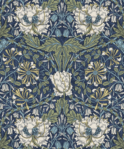 Seabrook Legacy Prints Ogee Flora Wallpaper - Indigo Dye & Thyme