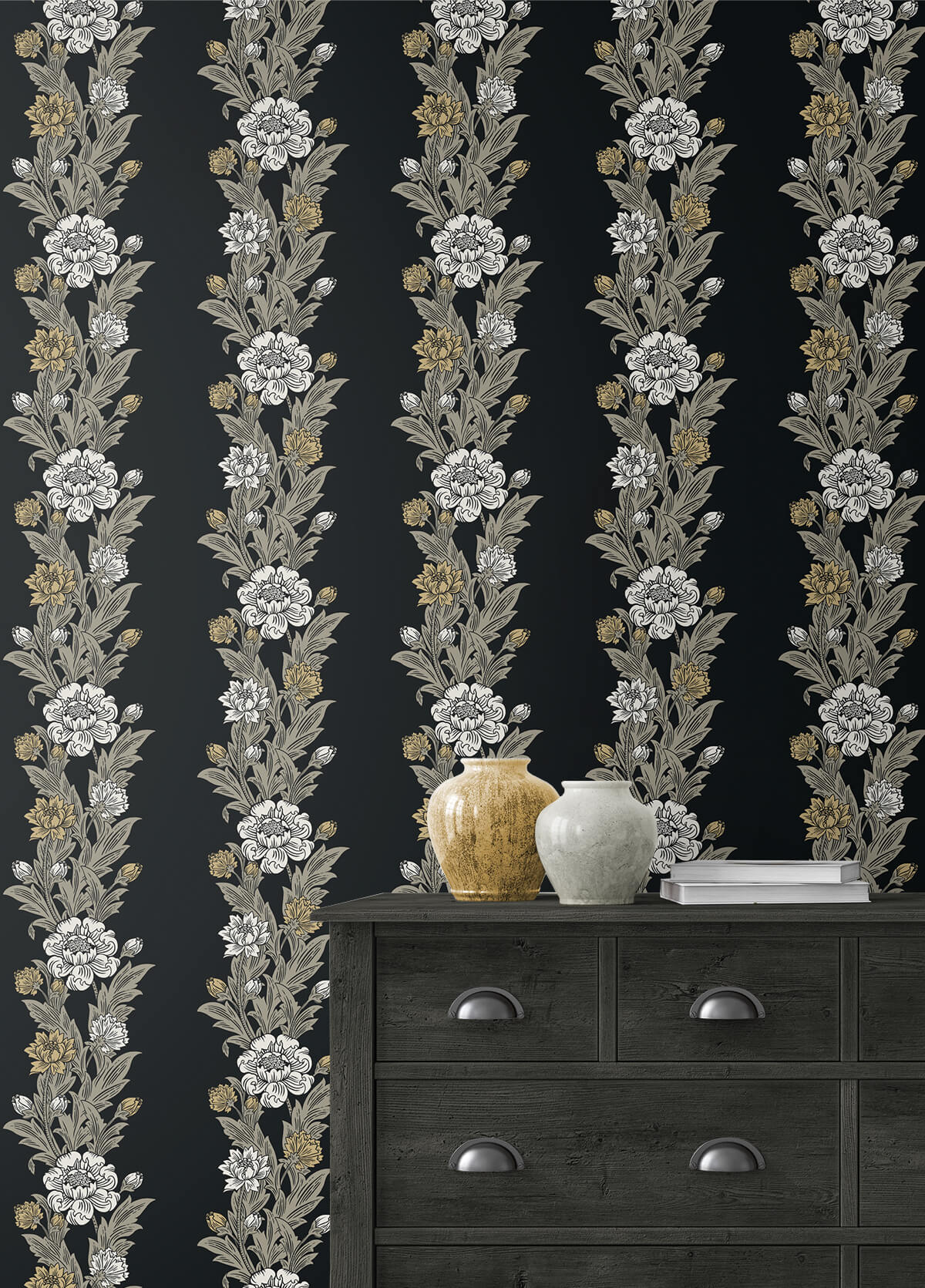 Seabrook Legacy Prints Blooming Stripe Wallpaper - Ebony & Goldenrod