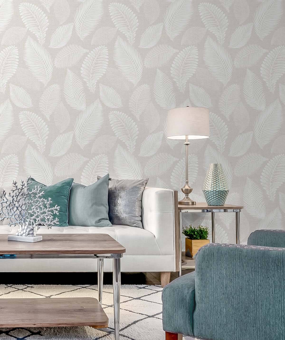 White Heron Tossed Leaves Wallpaper - Cool Linen