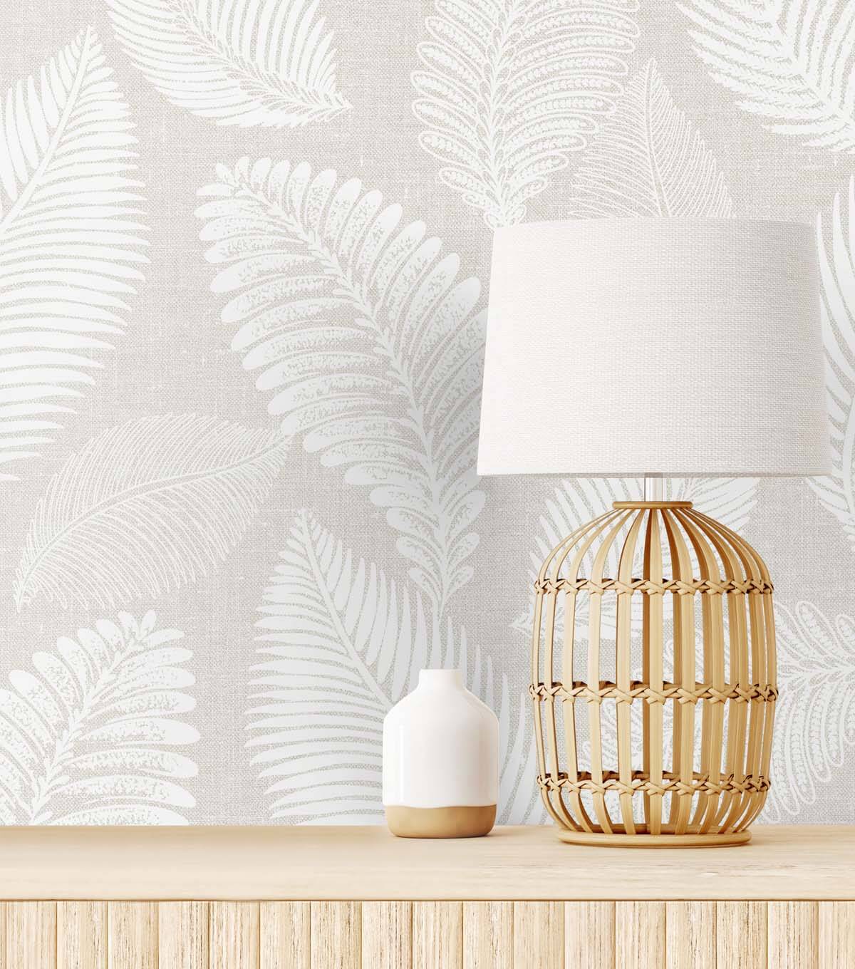 White Heron Tossed Leaves Wallpaper - Cool Linen