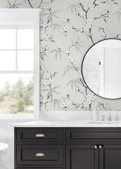 Seabrook White Heron Floral Blossom Trail Wallpaper - Stormy