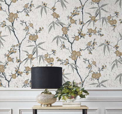 White Heron Blossom Cork Wallpaper - Gold Chip