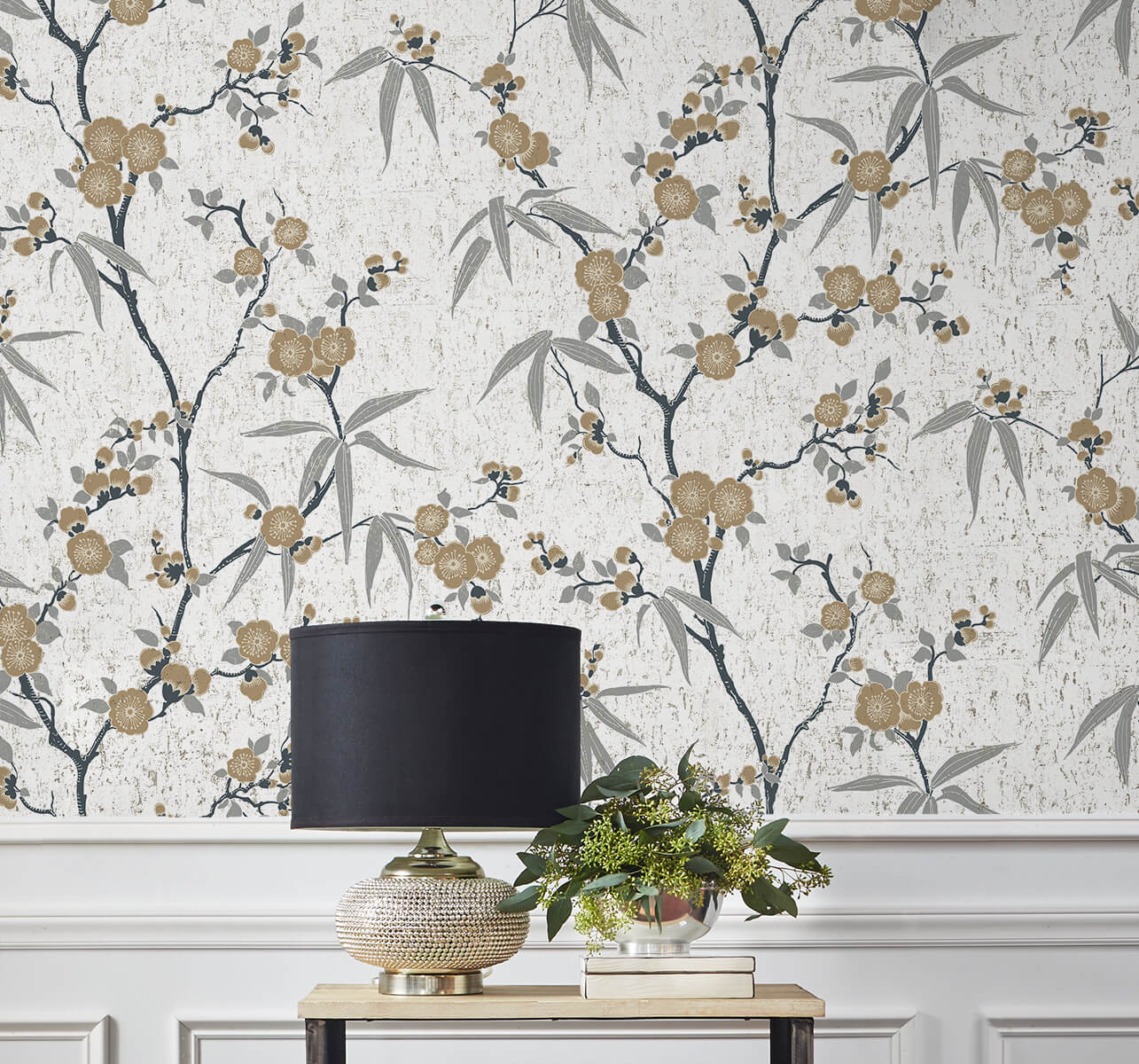 Seabrook White Heron Blossom Cork Wallpaper - Gold Chip