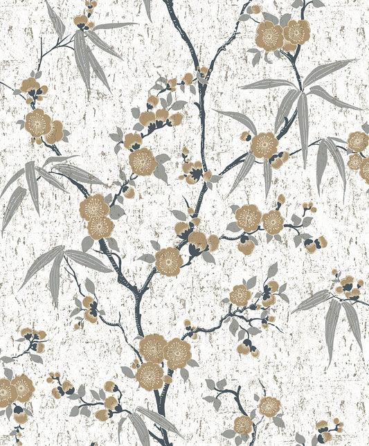 Seabrook White Heron Blossom Cork Wallpaper - Gold Chip