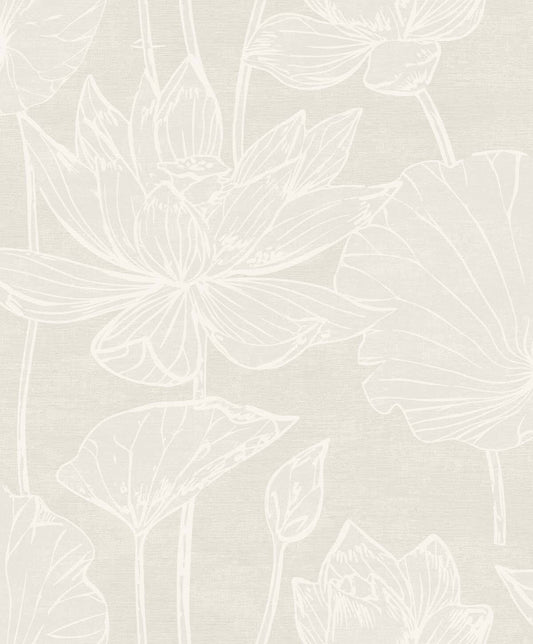 Seabrook White Heron Water Lilies Wallpaper - Pearlescent