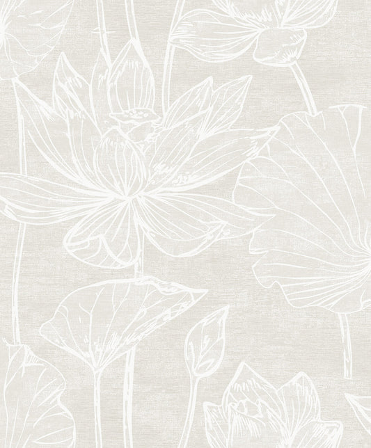 Seabrook White Heron Water Lilies Wallpaper - Antique Pearl