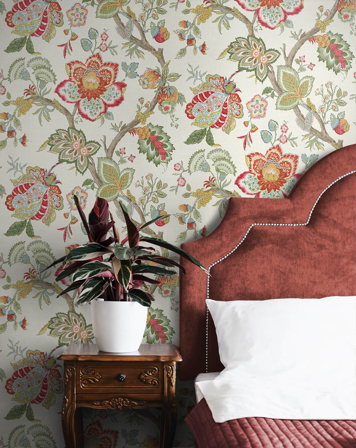 Seabrook French Country Bernadette Jacobean Wallpaper - Pomme & Antique Ruby