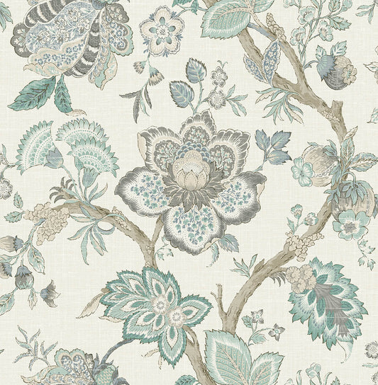 Seabrook French Country Bernadette Jacobean Wallpaper - Summer Sky & French Blue