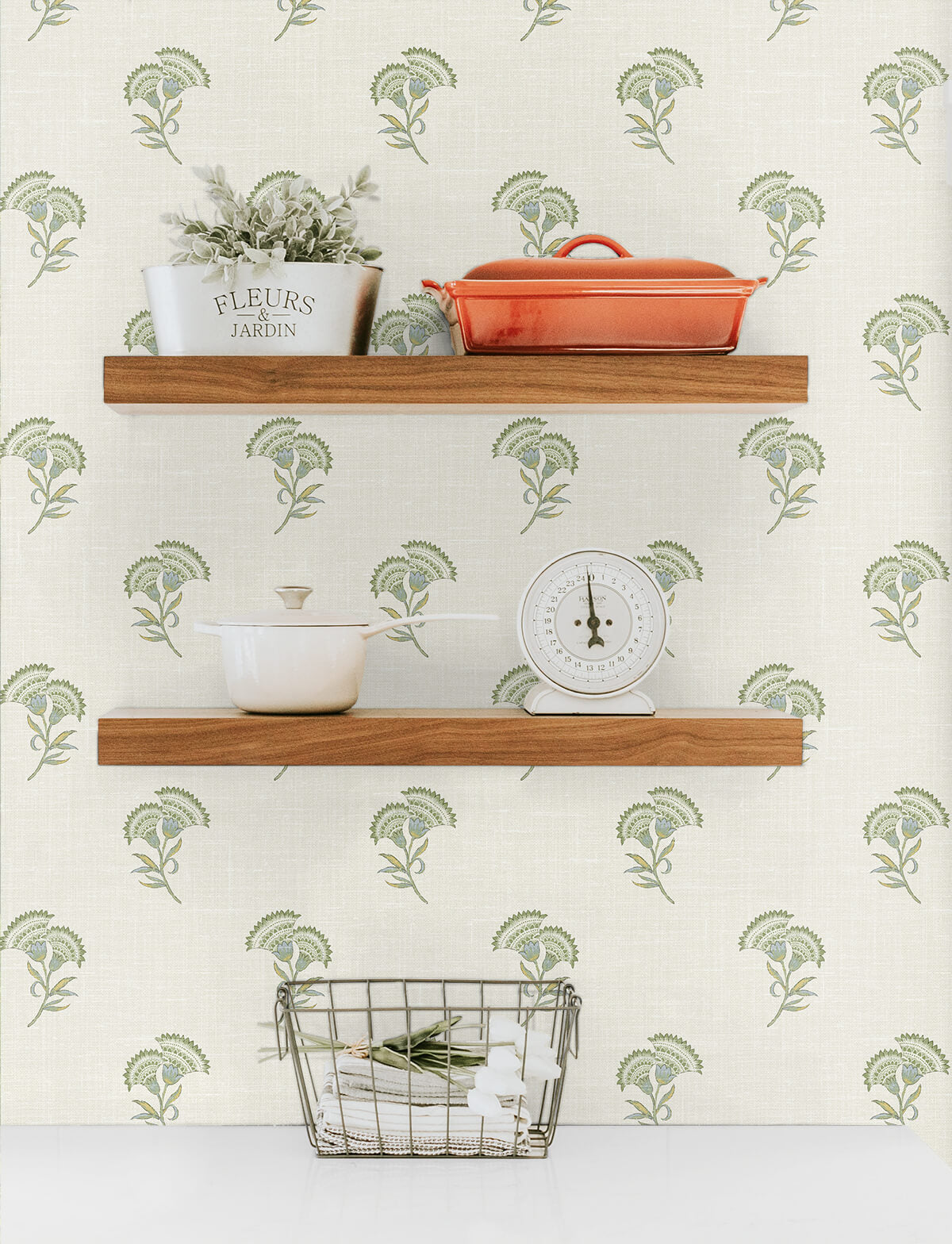 Seabrook French Country Lotus Branch Floral Wallpaper - Washed Green & Herb