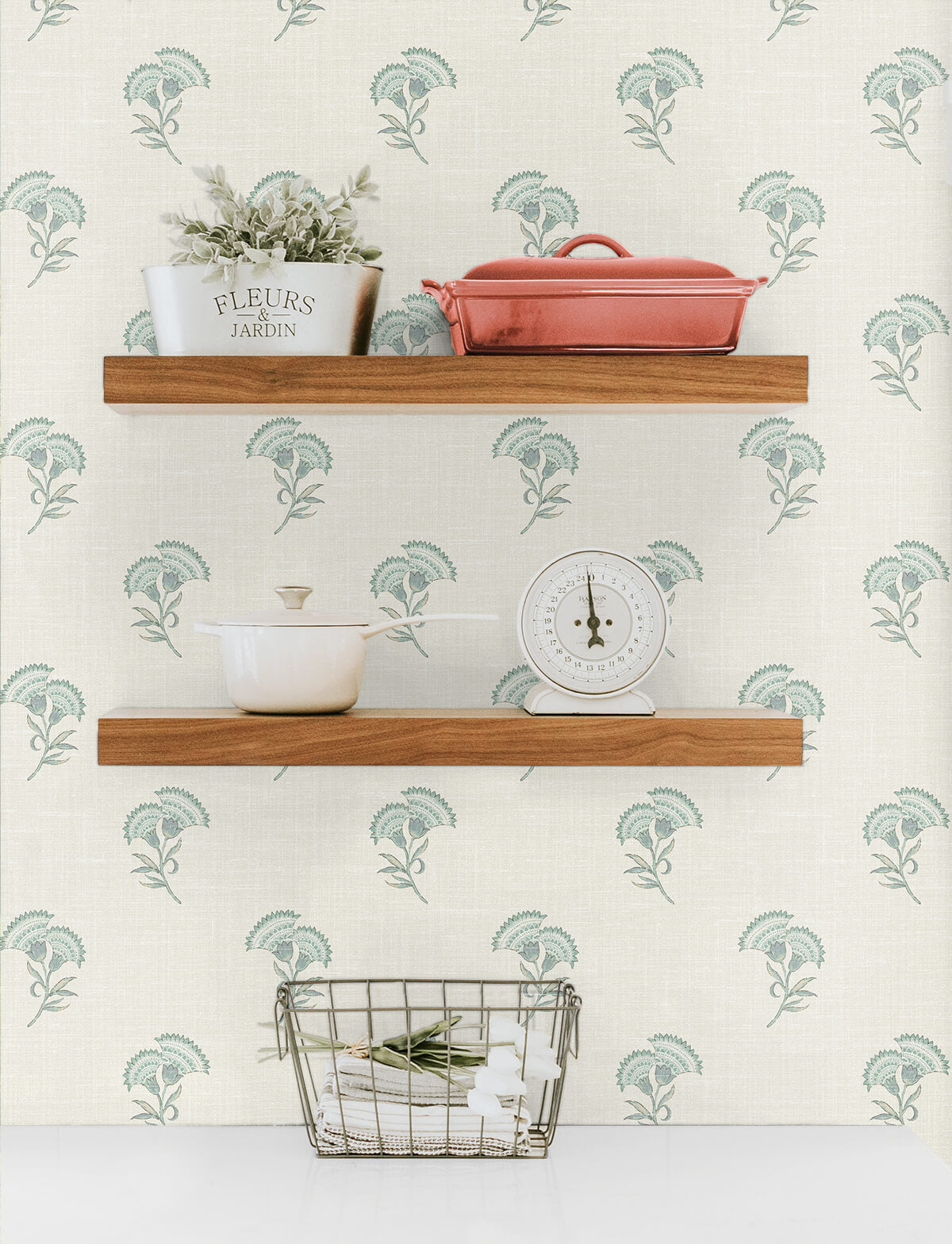 Seabrook French Country Lotus Branch Floral Wallpaper - Minty Meadow & French Grey