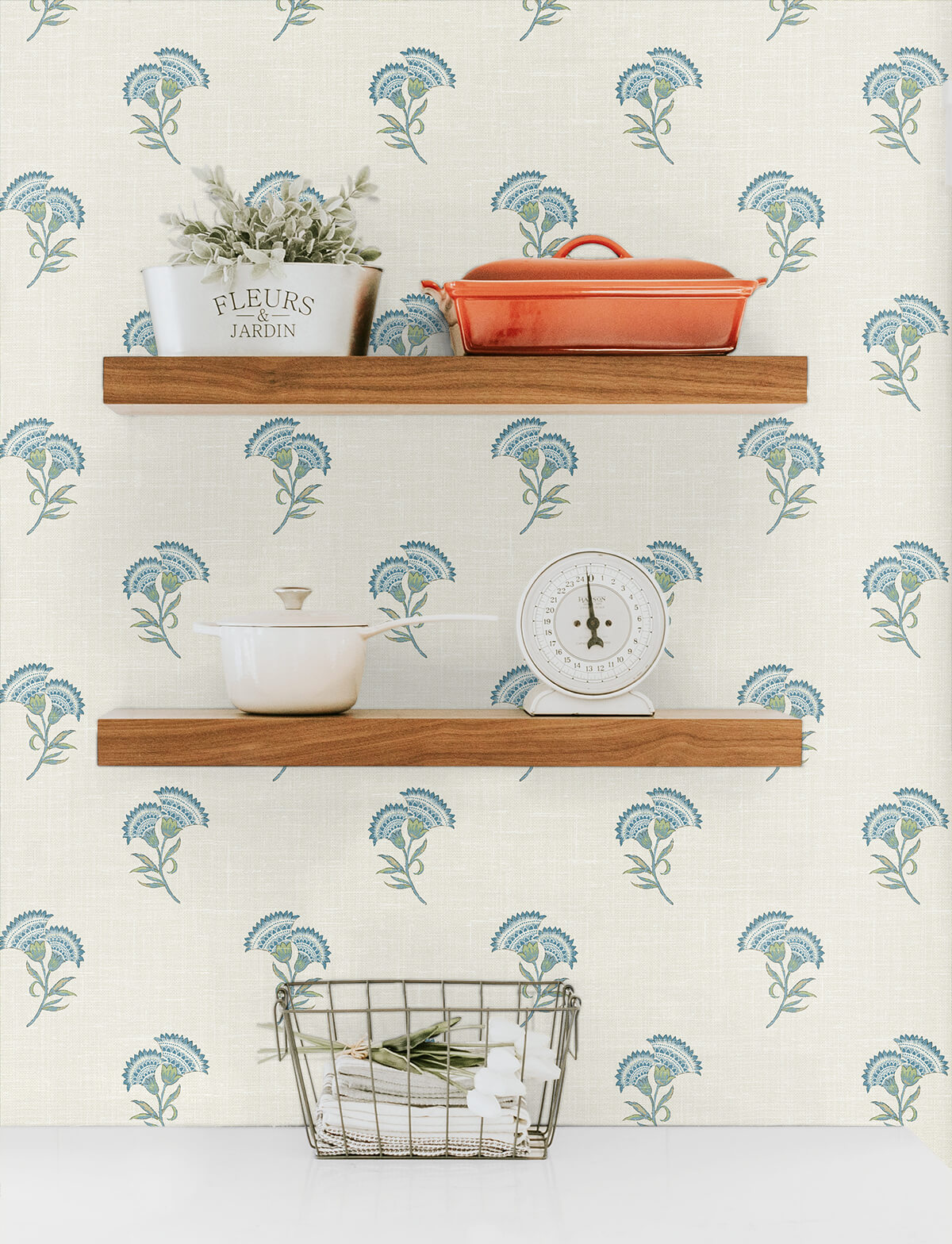 Seabrook French Country Lotus Branch Floral Wallpaper - Blue Bell & Herb