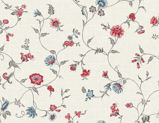 Seabrook French Country Florale Trail Wallpaper - Antique Ruby & French Blue