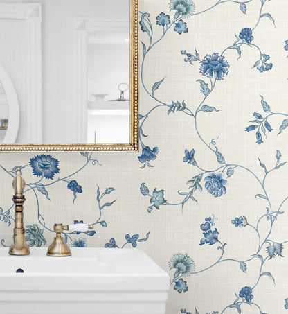 Seabrook French Country Florale Trail Wallpaper - French Blue
