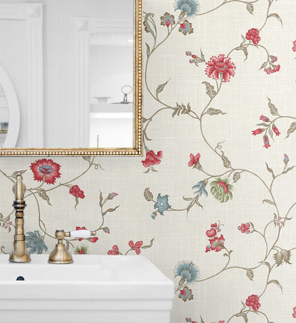 Seabrook French Country Florale Trail Wallpaper - Cranberry & Blue Bell