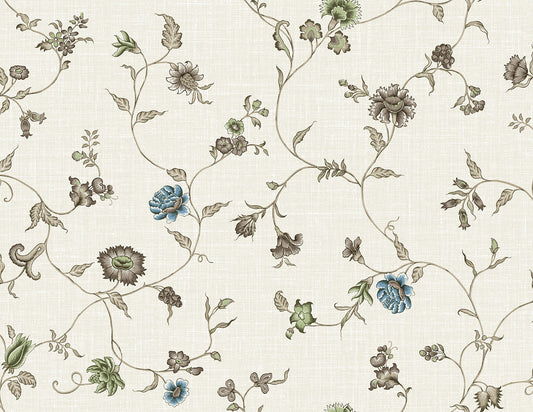 Seabrook French Country Florale Trail Wallpaper - Greige & Blue Bell