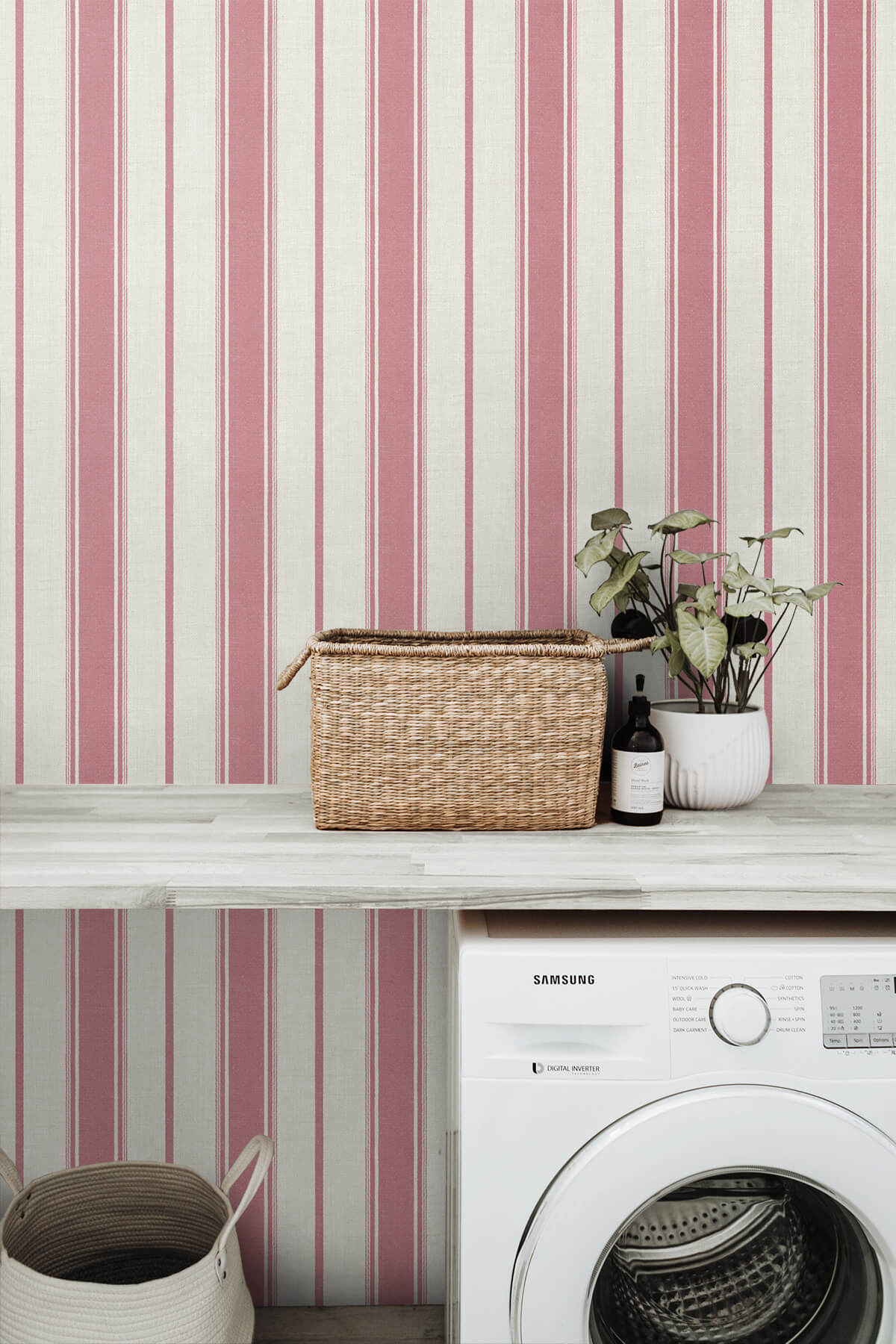 French Country Eliott Linen Stripe Wallpaper - Cranberry