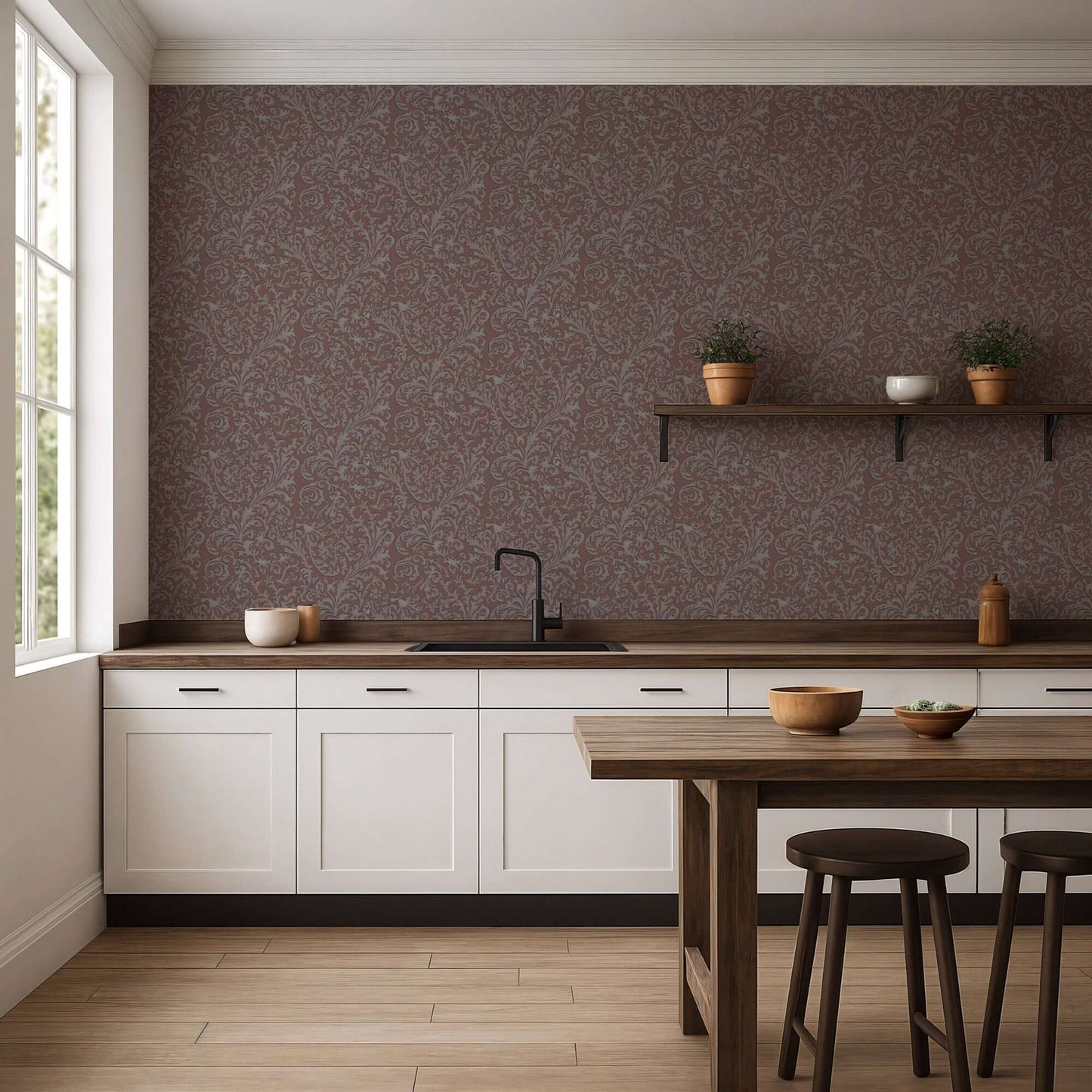 Mitchell Black Florentine Vine Wallpaper - Crimson