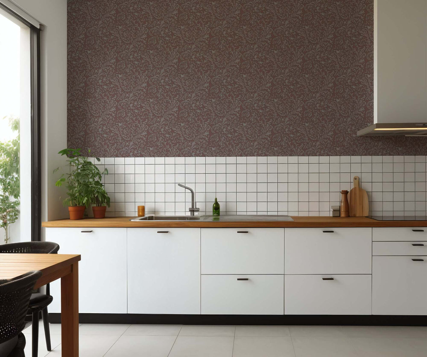 Mitchell Black Florentine Vine Wallpaper - Crimson