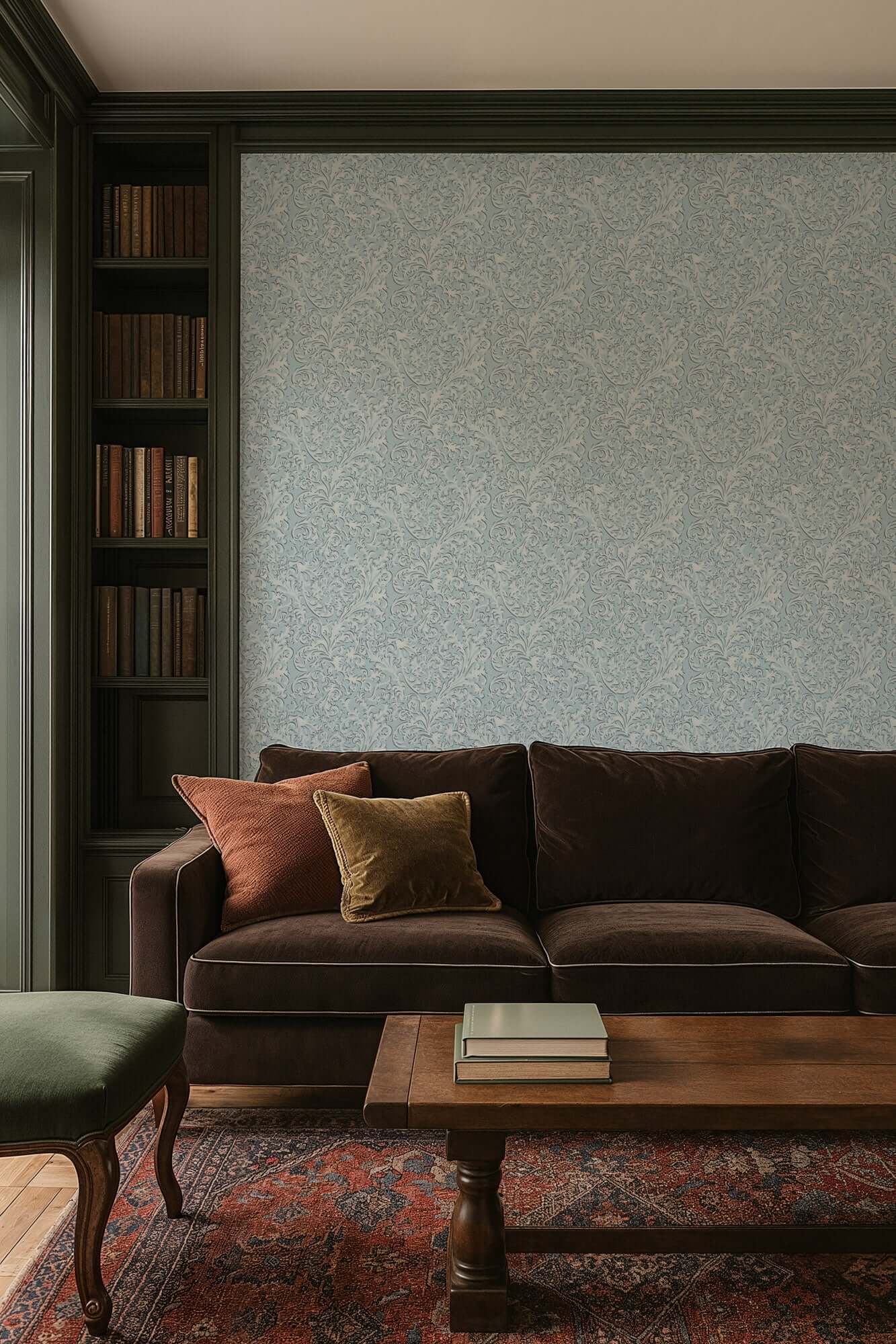 Mitchell Black Florentine Vine Wallpaper - Daytime Blue