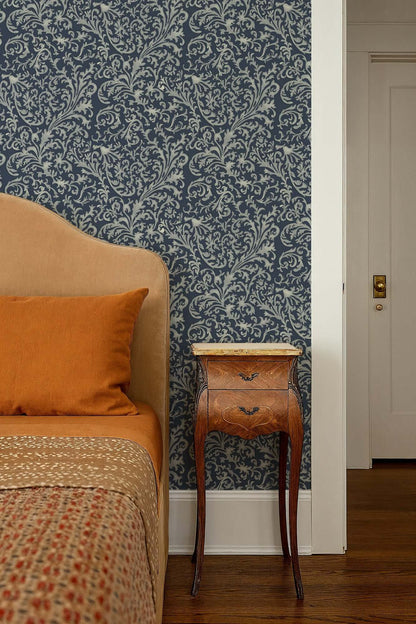 Mitchell Black Florentine Vine Wallpaper - Deep Blue