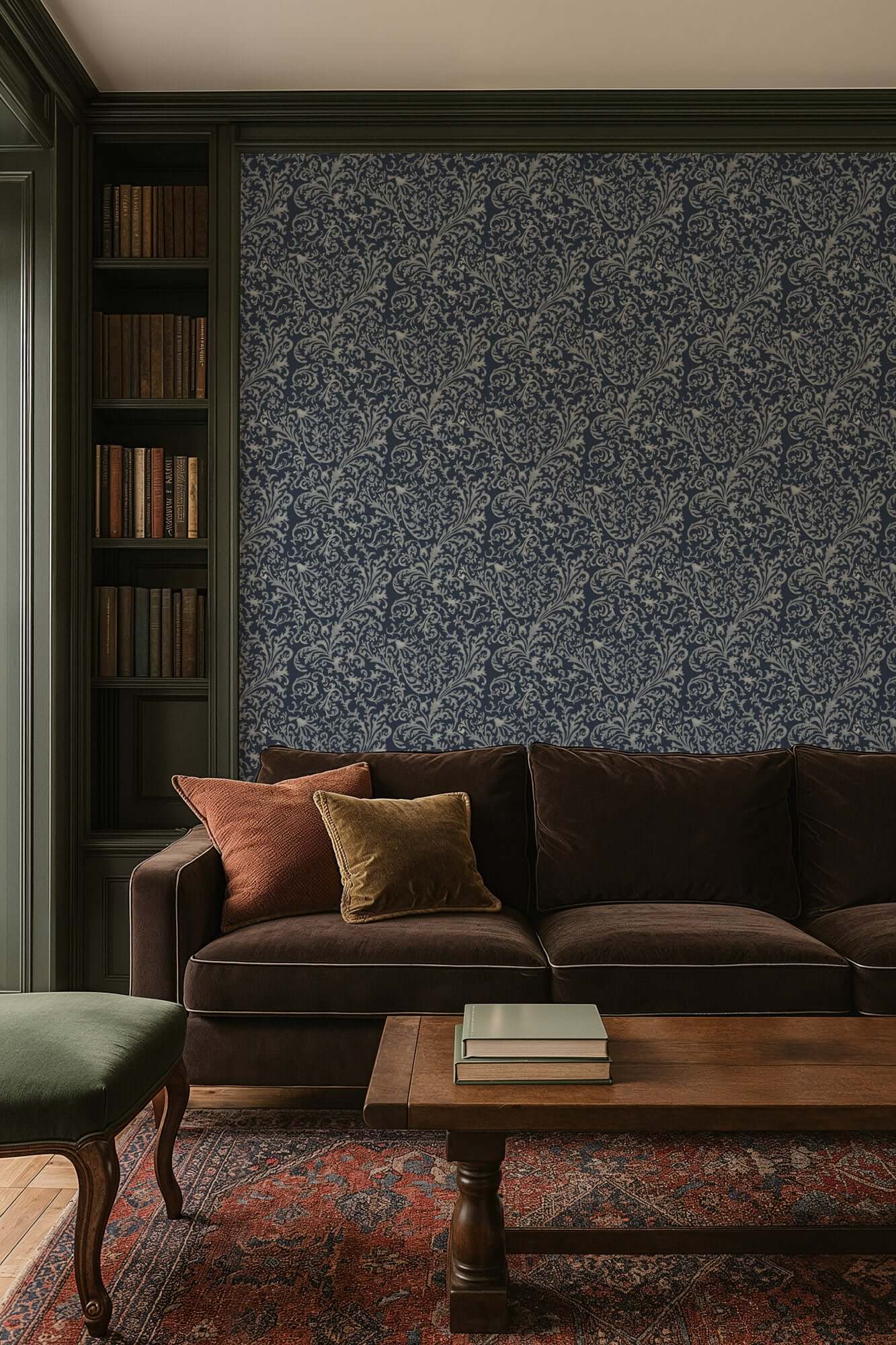 Mitchell Black Florentine Vine Wallpaper - Deep Blue