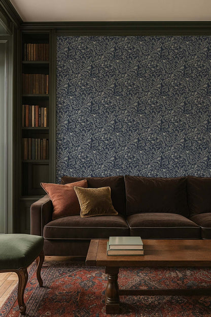 Mitchell Black Florentine Vine Wallpaper - Deep Blue
