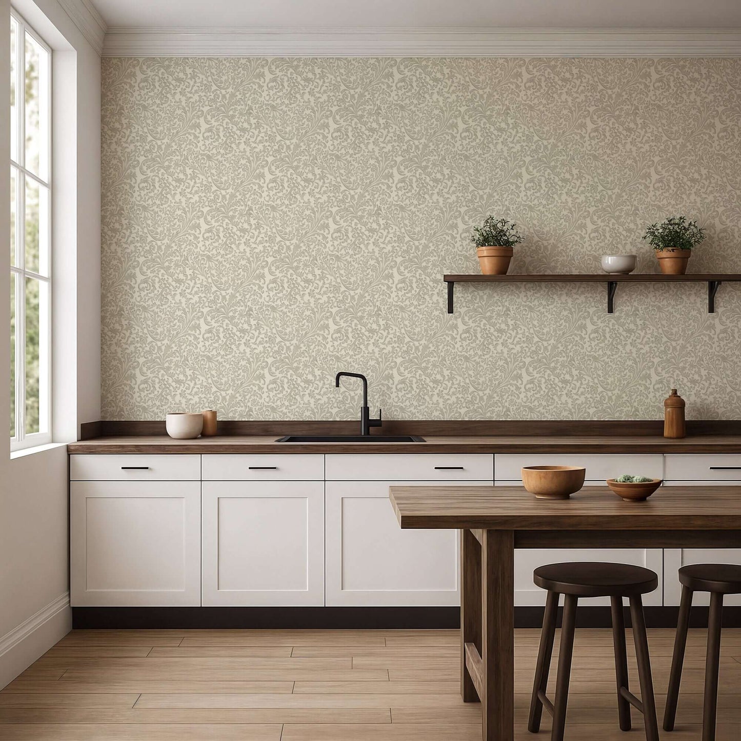 Mitchell Black Florentine Vine Wallpaper - Linen