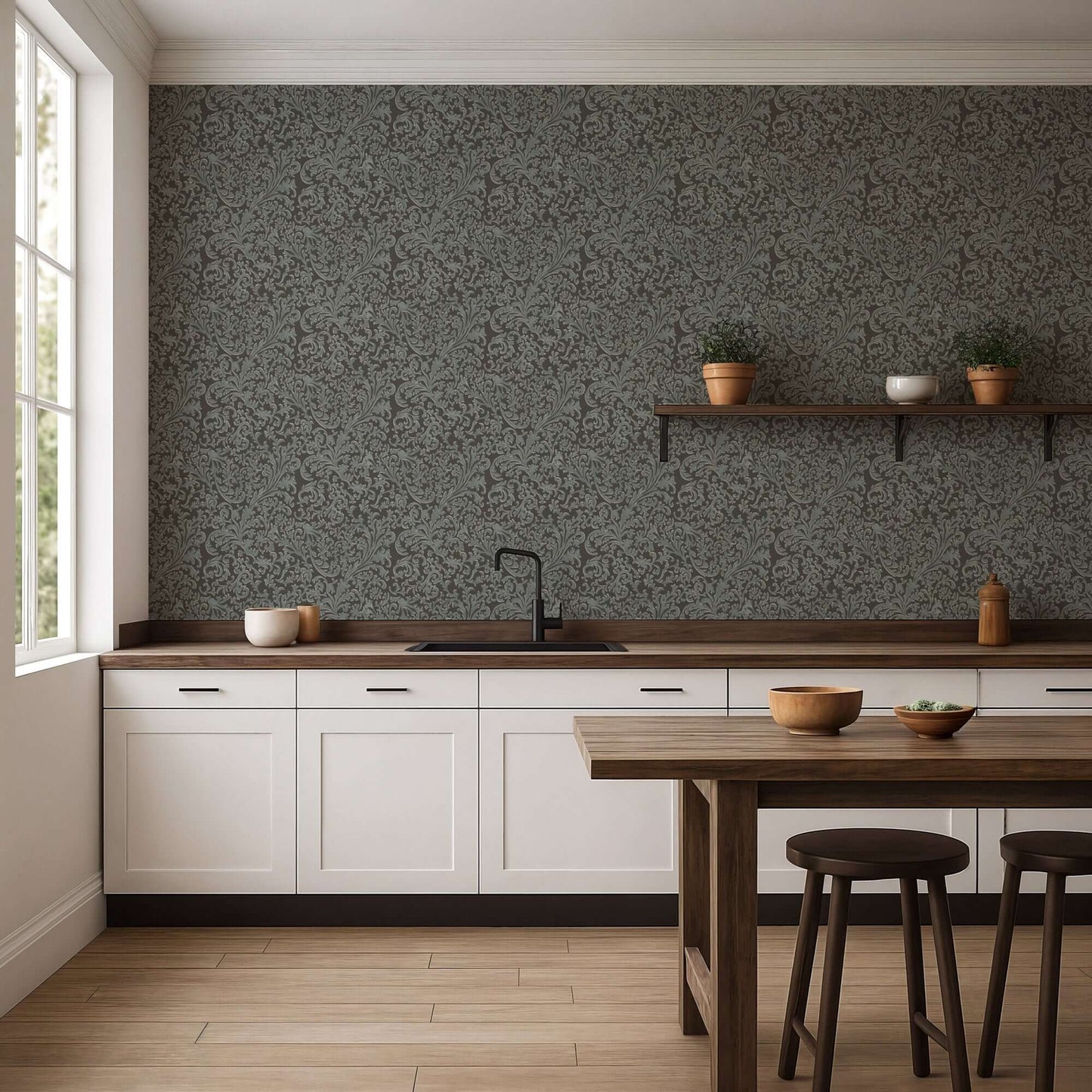 Mitchell Black Florentine Vine Wallpaper - Obsidian