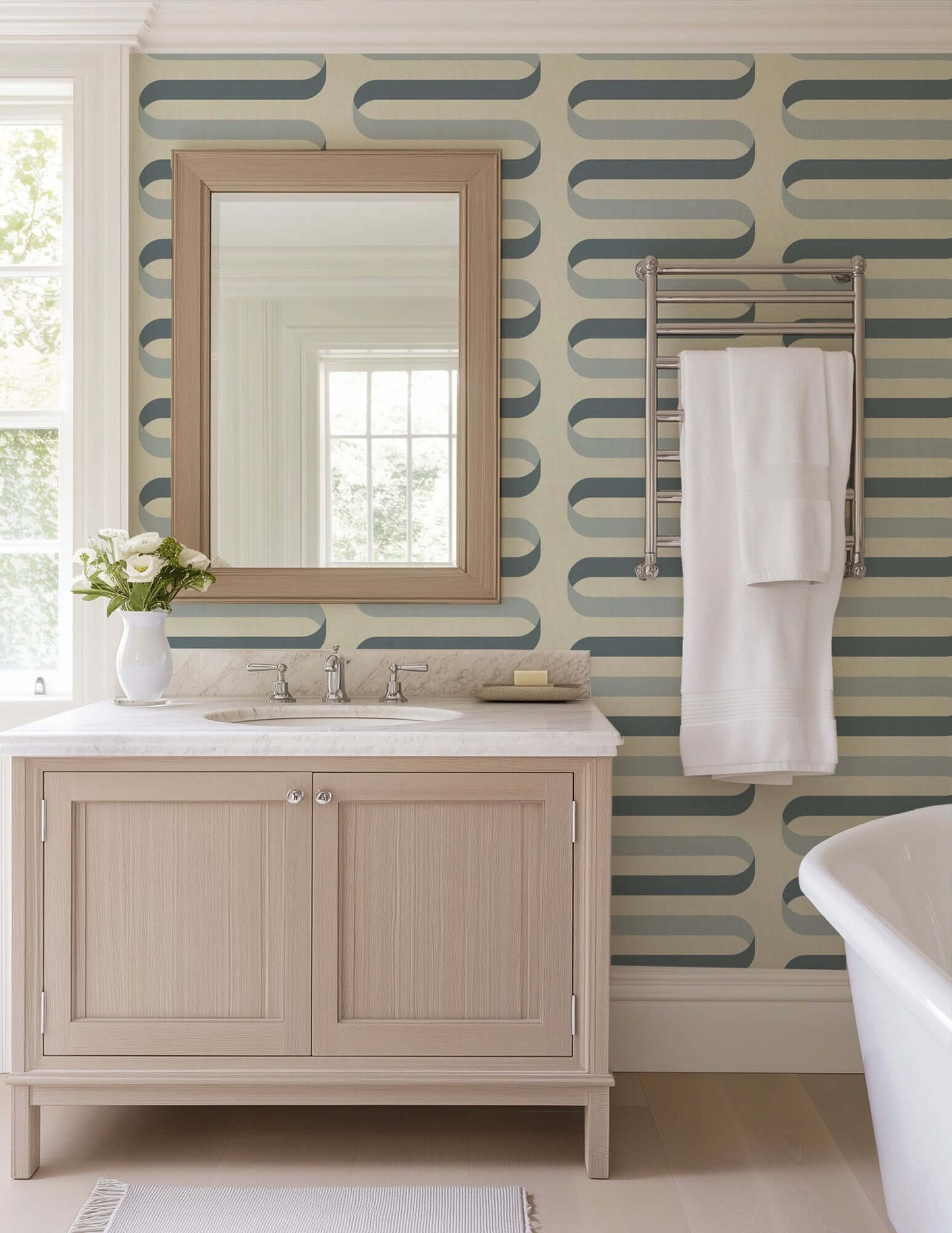 Mitchell Black Folding Ribbon Wallpaper - Off White Blue