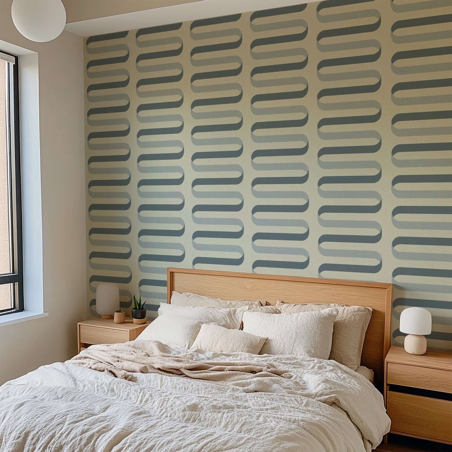Mitchell Black Folding Ribbon Wallpaper - Off White Blue