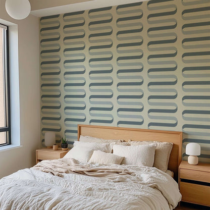 Mitchell Black Folding Ribbon Wallpaper - Off White Blue