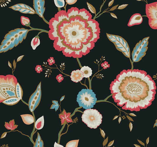 Greenhouse Dahlia Blooms Wallpaper - Midnight & Multi