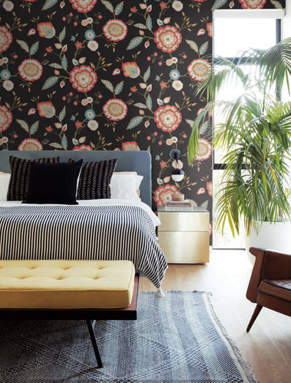Greenhouse Dahlia Blooms Wallpaper - Midnight & Multi