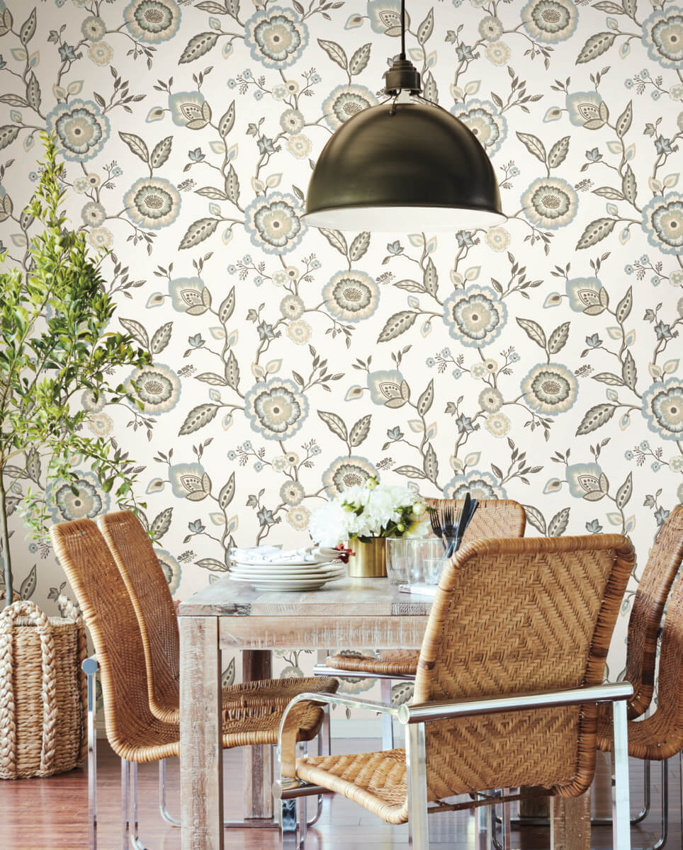 Greenhouse Dahlia Blooms Wallpaper - Cotton & Sky