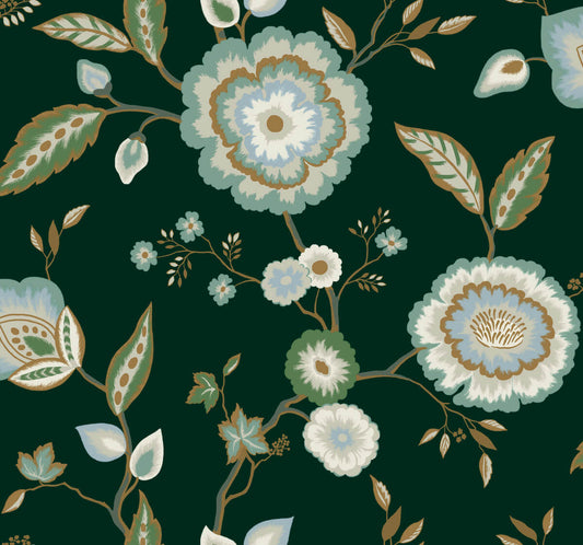 Greenhouse Dahlia Blooms Wallpaper - Forest & Seafoam