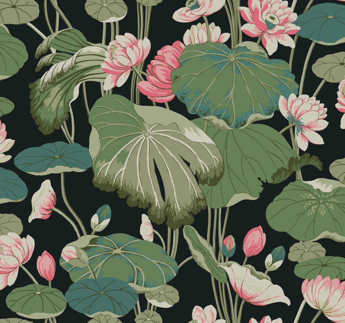 Greenhouse Lotus Pond Wallpaper - Midnight & Flamingo