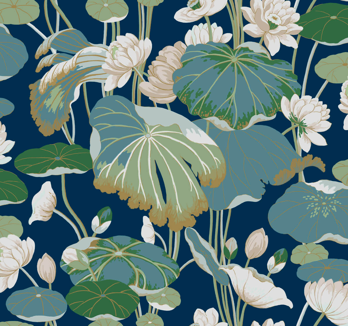 Greenhouse Lotus Pond Wallpaper - Indigo & Gold