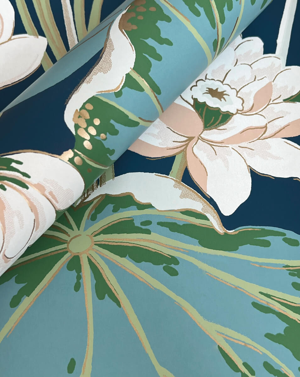 Greenhouse Lotus Pond Wallpaper - Indigo & Gold