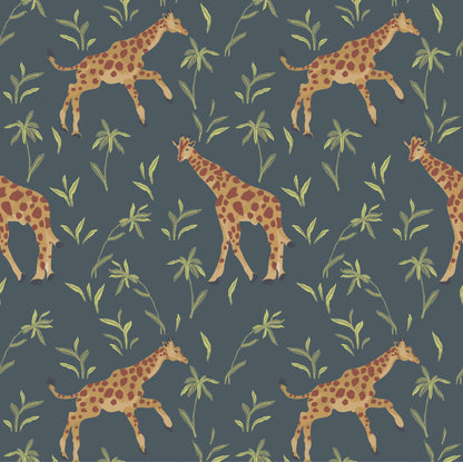 Mitchell Black Gentle Giraffe Wallpaper - Denim Garden
