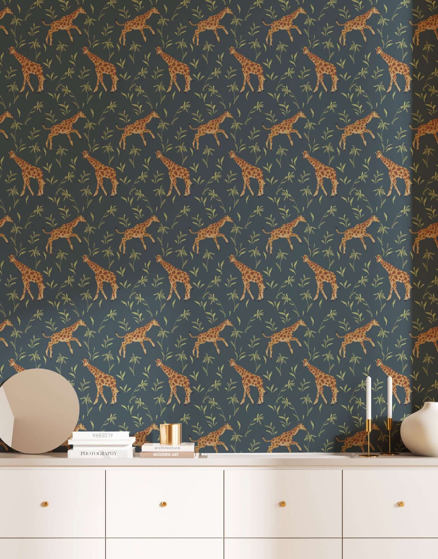Mitchell Black Gentle Giraffe Wallpaper - Denim Garden